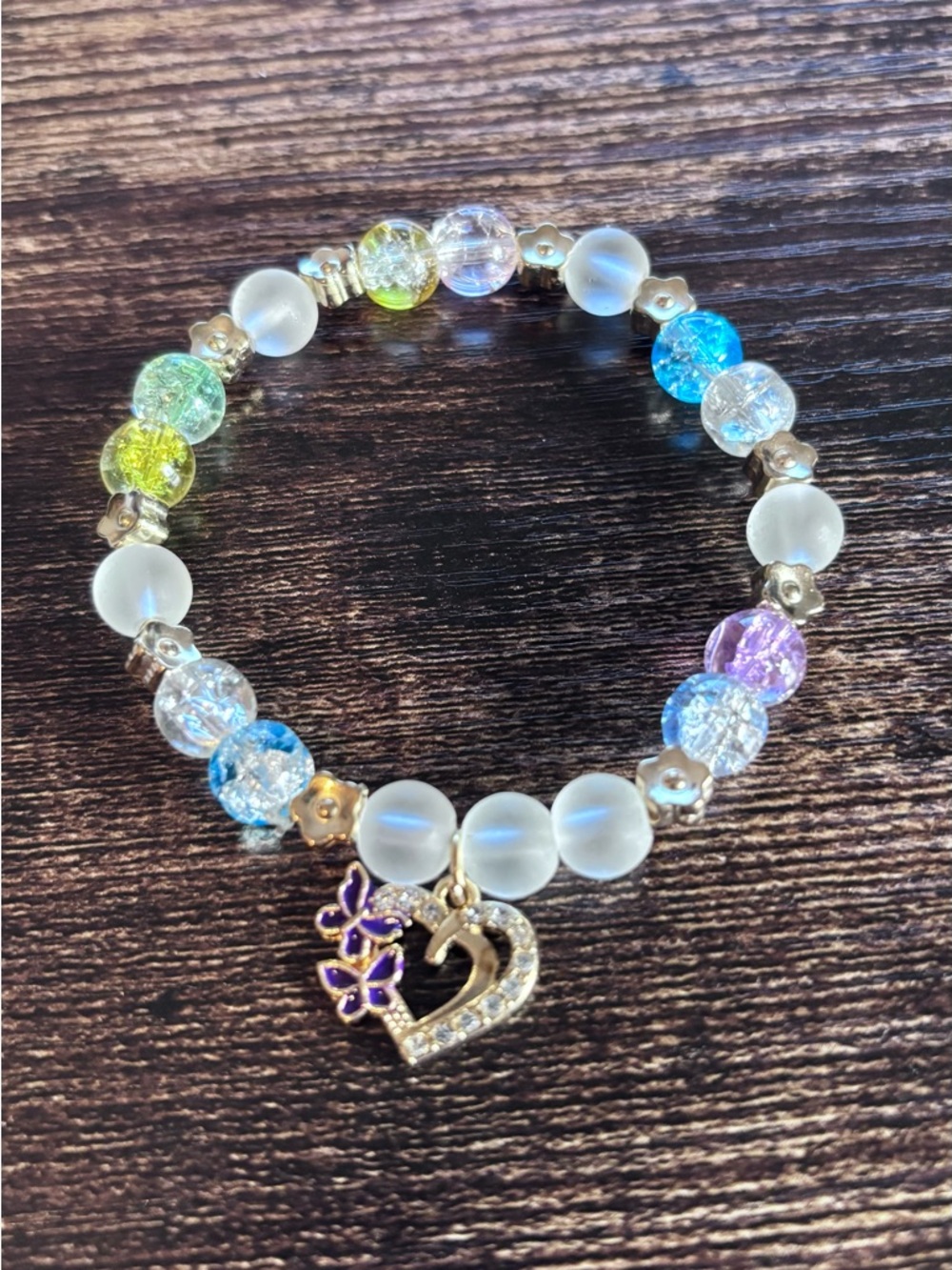 Crystal & Frosted Bead‎ Stretch Bracelet with Heart & Flower Charm